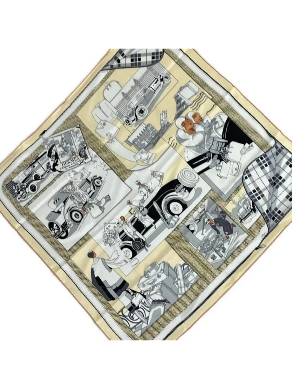 Hermes Scarf Carre 70 Ivory Black Multi Vintage Confort en Automobile